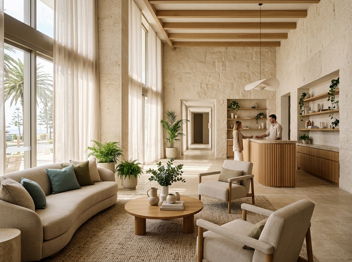 Hotel interior showing natural materials and filtered Australian light