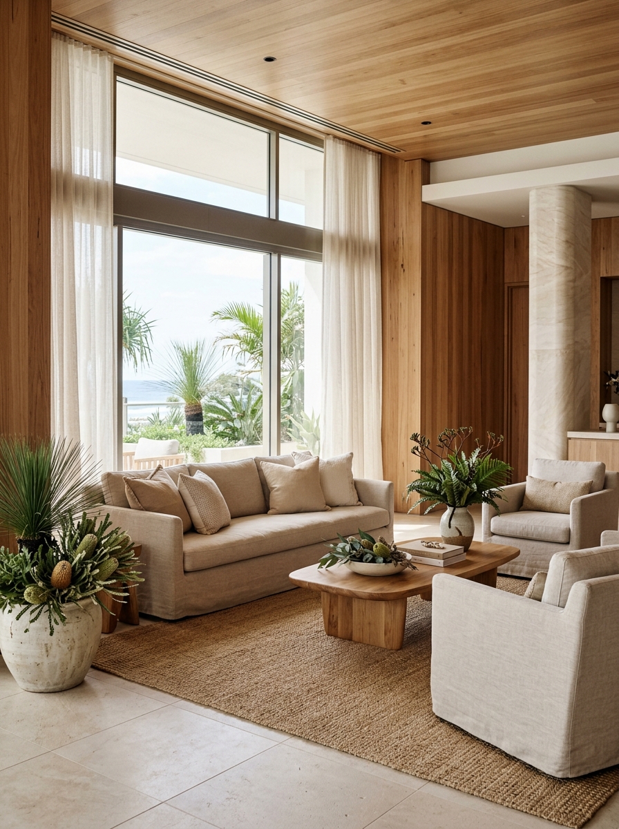 Contemporary Australian hotel interior with natural textures