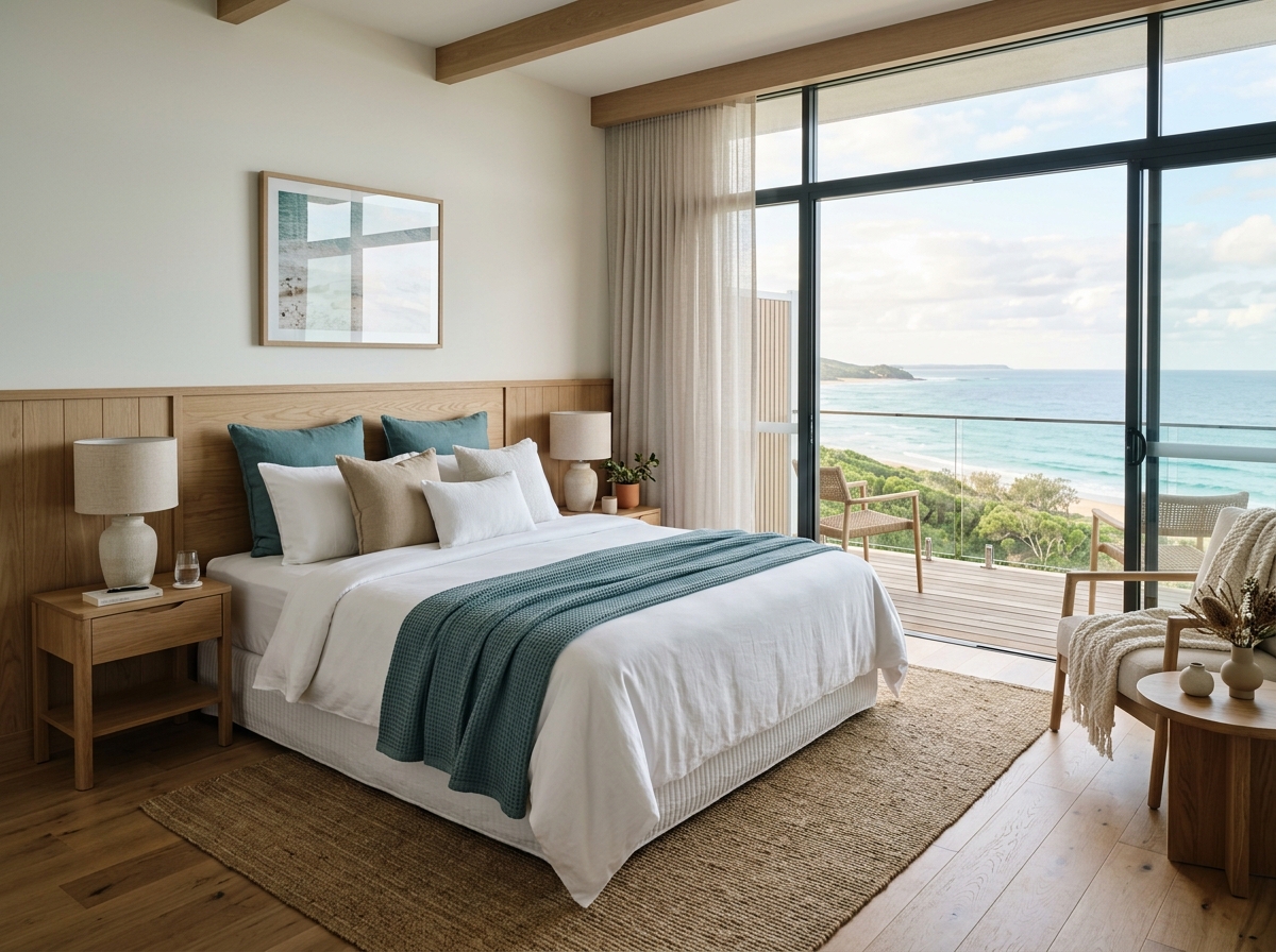 Coastal King room with a king bed and calm coastal palette