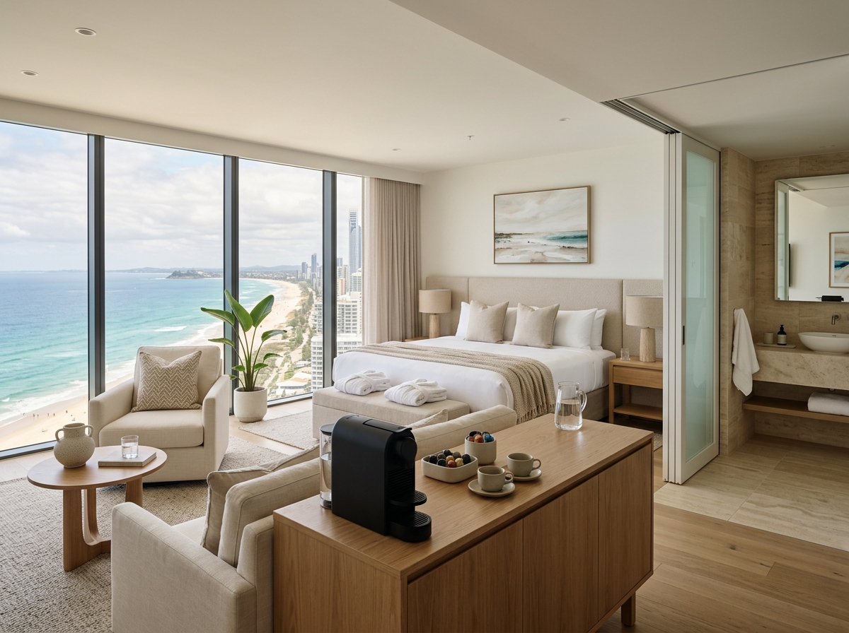 Broadbeach Ocean Room with lounge seating and coastal outlook