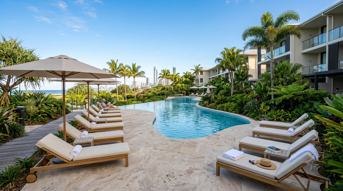 Outdoor Gold Coast hotel pool with shaded lounge areas